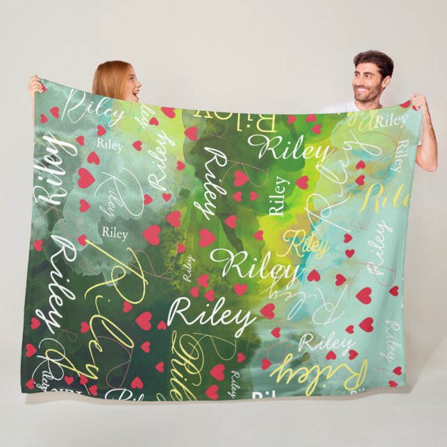 Her Name Initial and Red Hearts Watercolor Fleece Blanket (In Situ)