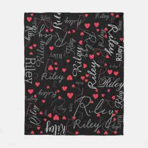 Her Name Initial & Red Hearts all over Black Fleece Blanket