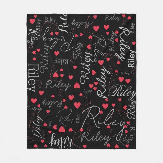 Her Name Initial & Red Hearts all over Black Fleece Blanket (Front)