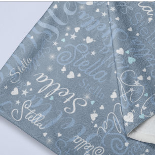 Her Name, Splashed Cute Hearts and Stars Blue Fleece Blanket