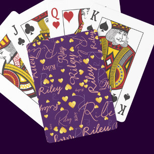Her Name with Gold Hearts Purple Poker Cards