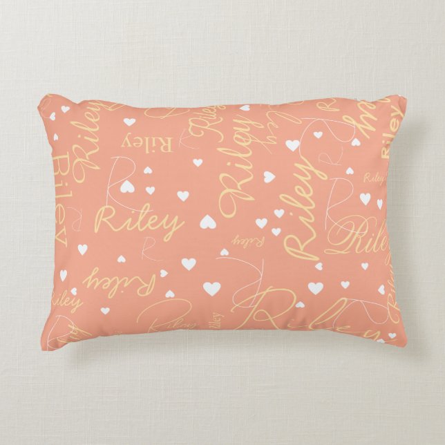 Her Name with Initial & Hearts Peach Accent Pillow (Front)