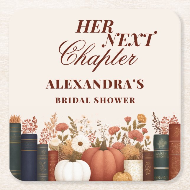 Her Next Chapter Fall Book Theme Bridal Shower Square Paper Coaster (Front)