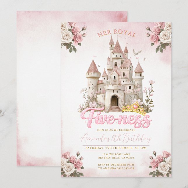 Her Royal Five-ness Princess Birthday Pink Invitation (Front/Back)