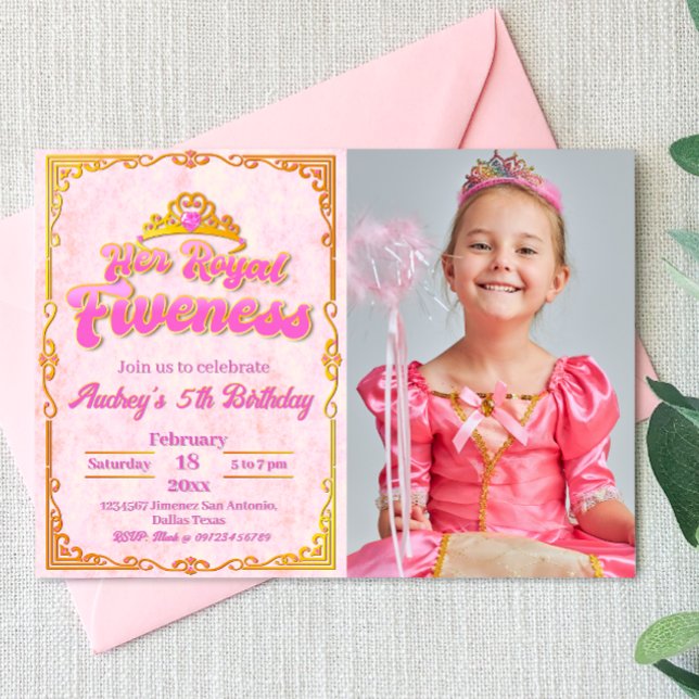 Her Royal Fiveness - Girl 5th Birthday Invitation (Her Royal Fiveness - Princess Girl 5th Birthday Landscape Invitation with Photo)