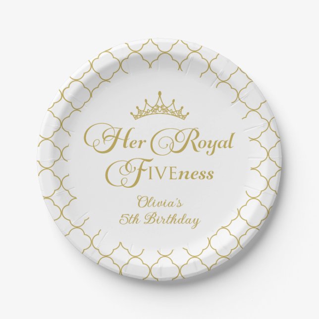 Her Royal Fiveness Gold Princess 5th Birthday Paper Plates (Front)