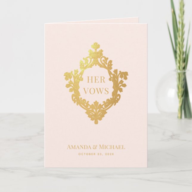 Her Vows Crest Pink Faux Gold Foil Elegant Wedding Card (Front)