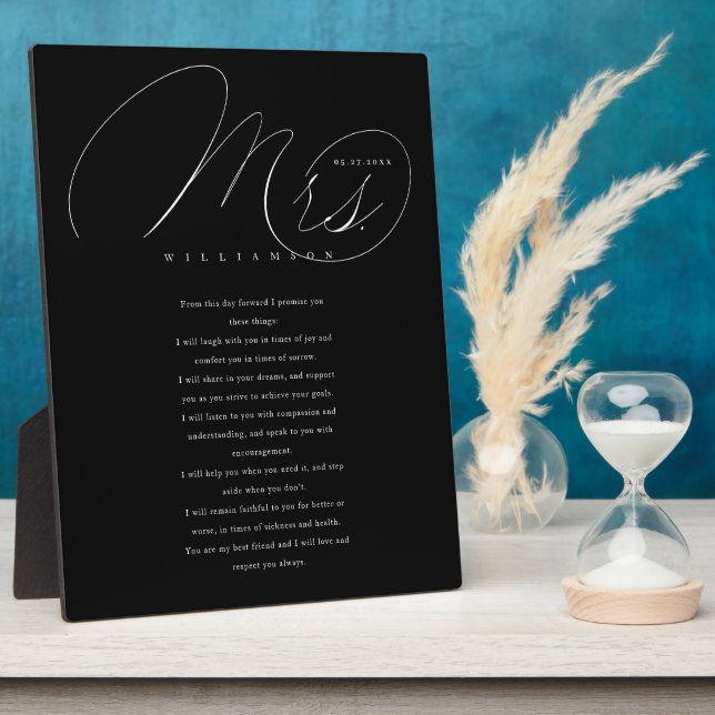 Her Vows Elegant Mrs. Newlyweds Wedding Vows Black Plaque (Side)