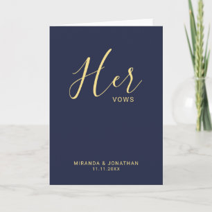 'Her Vows' Navy Blue and Gold Wedding Vows Note Card