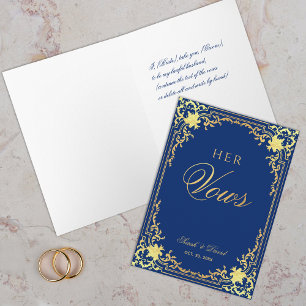 Her Vows Royal Blue Vintage Faux Gold Foil Wedding Card