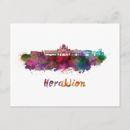 Heraklion skyline in watercolor postcard