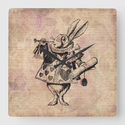 Herald White Rabbit Alice in Wonderland Floral Square Wall Clock