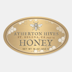 Heraldic Bee Metallic Gold Honey Label Oval