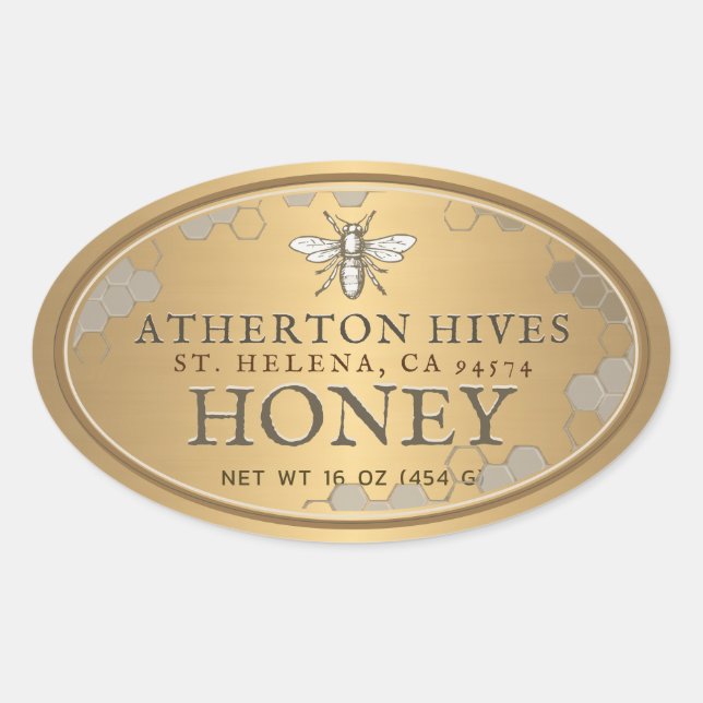 Heraldic Bee Metallic Gold Honey Label Oval (Front)