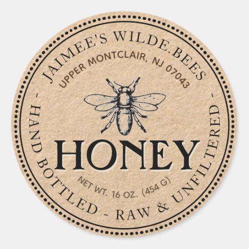 Heraldic Bee Raw Hand Bottled Honey Kraft Label
