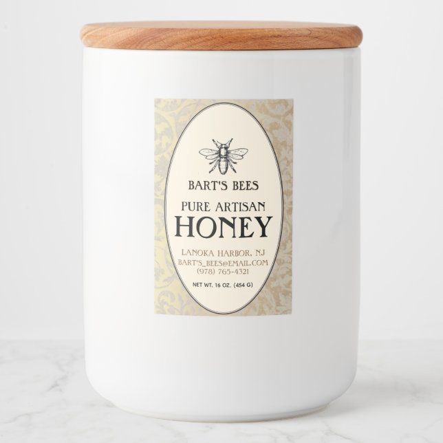 Heraldic Bee Rectangle Food Label Gold Oval Swirl (Front)