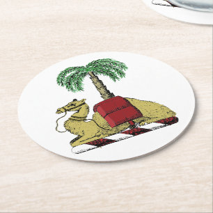 Heraldic Camel Palm Tree Color Coat of Arms Round Paper Coaster
