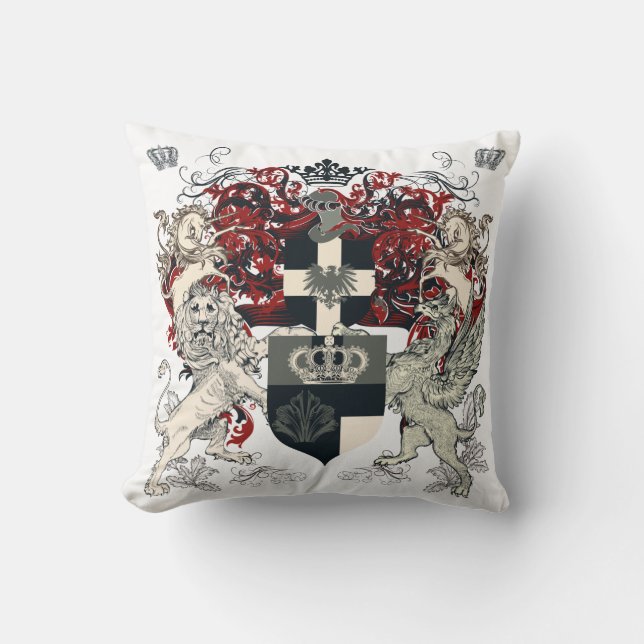 Heraldic coat of arms, crown lion and shileld throw pillow (Front)