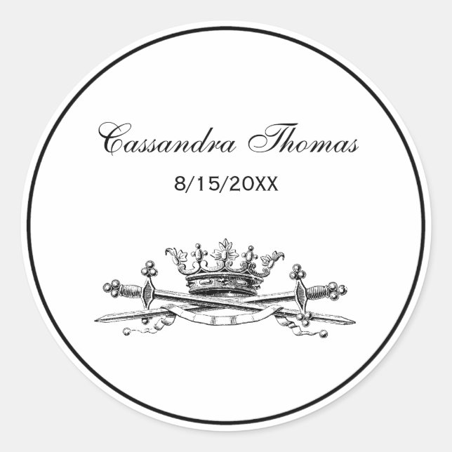 Heraldic Crown Crossed Swords Sabers Emblem Crest Classic Round Sticker (Front)