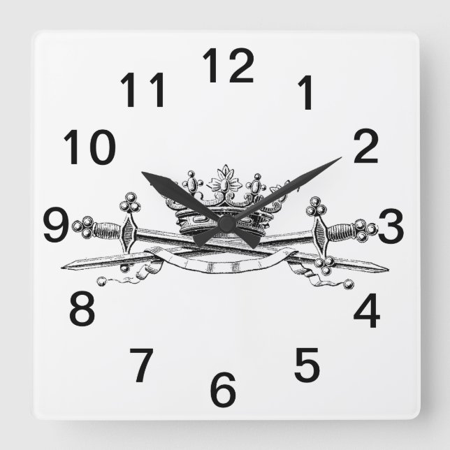 Heraldic Crown Crossed Swords Sabers Emblem Crest Square Wall Clock (Front)