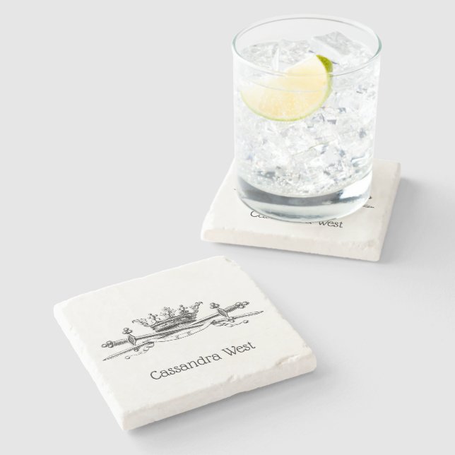 Heraldic Crown Crossed Swords Sabers Emblem Crest Stone Coaster (Side)