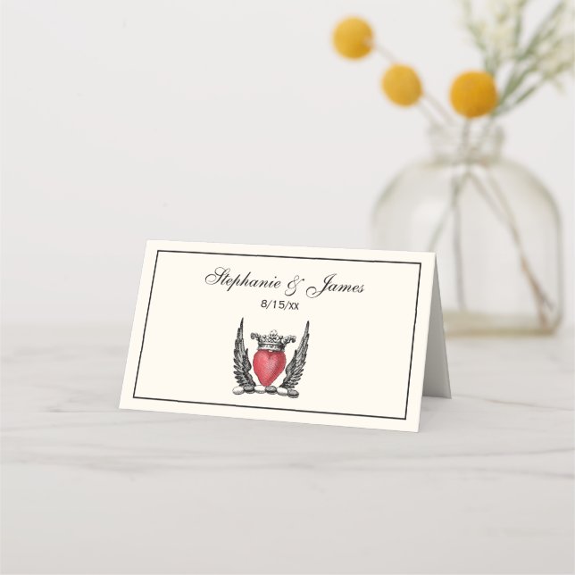 Heraldic Heart with Wings Coat of Arms Crest Ivory Place Card (Front)