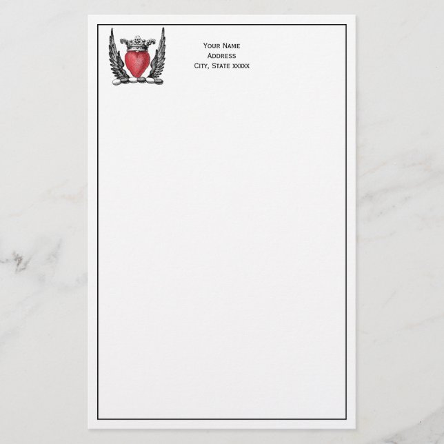 Heraldic Heart with Wings Coat of Arms Crest Stationery (Front)