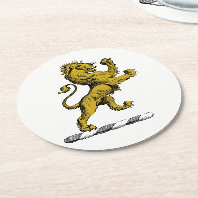Heraldic Lion Standing Crest Emblem C Round Paper Coaster (Angled)