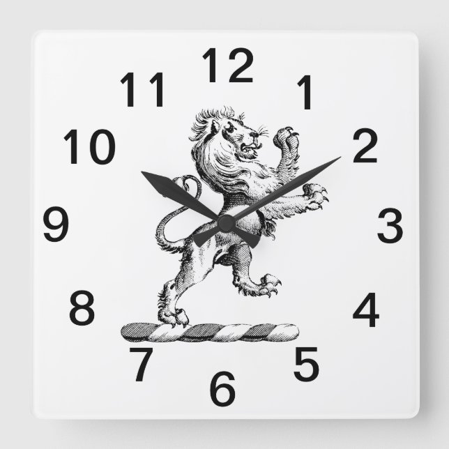 Heraldic Lion Standing Crest Emblem Square Wall Clock (Front)