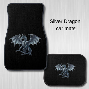 Heraldic Silver Dragon On Black Car Floor Mat