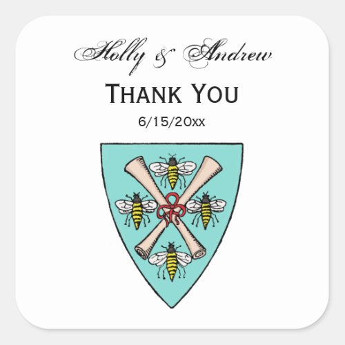 Heraldic Vintage 4 Bees Scrolls on Shield Crest TB Square Sticker