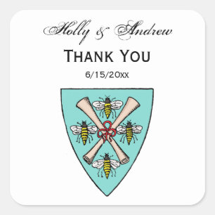 Heraldic Vintage 4 Bees Scrolls on Shield Crest TB Square Sticker