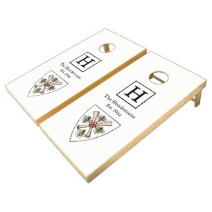 Heraldic Vintage 4 Bees Scrolls on Shield Crest Wt Cornhole Set