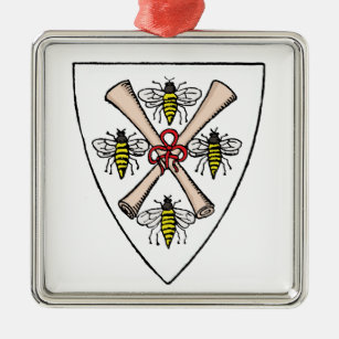 Heraldic Vintage 4 Bees Scrolls on Shield Crest Wt Metal Ornament