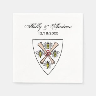Heraldic Vintage 4 Bees Scrolls on Shield Crest Wt Napkins