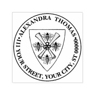 Heraldic Vintage 4 Bees Scrolls on Shield Crest Wt Self-inking Stamp