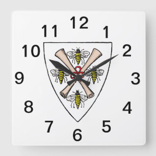 Heraldic Vintage 4 Bees Scrolls on Shield Crest Wt Square Wall Clock