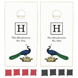 Heraldic Vintage Stylized Peacock on Crown C Cornhole Set