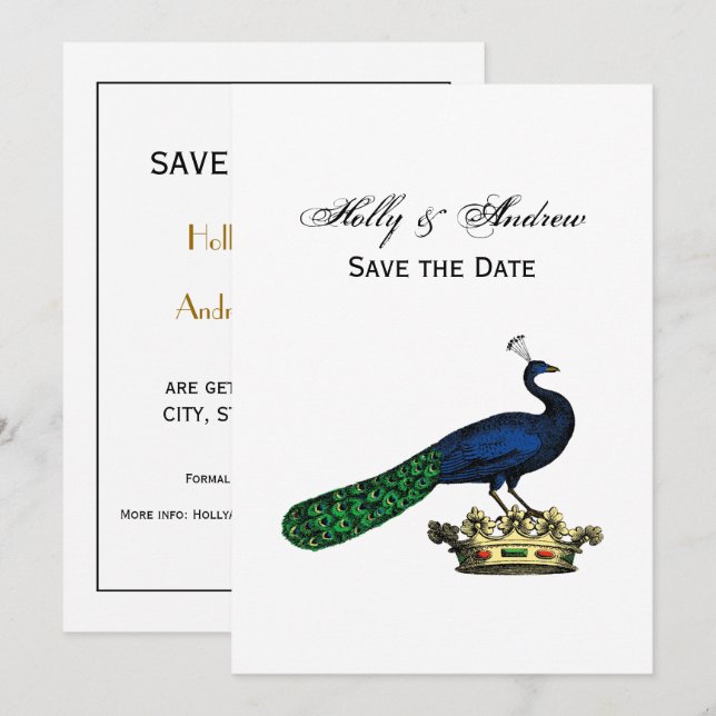 Heraldic Vintage Stylized Peacock on Crown C Invitation (Front/Back)