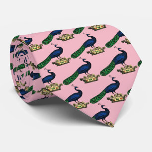 Heraldic Vintage Stylized Peacock on Crown C Neck Tie