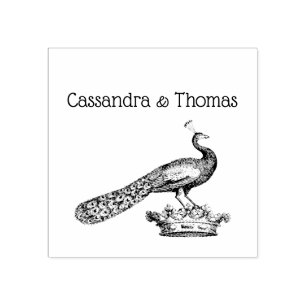 Heraldic Vintage Stylized Peacock on Crown C Rubber Stamp