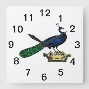 Heraldic Vintage Stylized Peacock on Crown C Square Wall Clock
