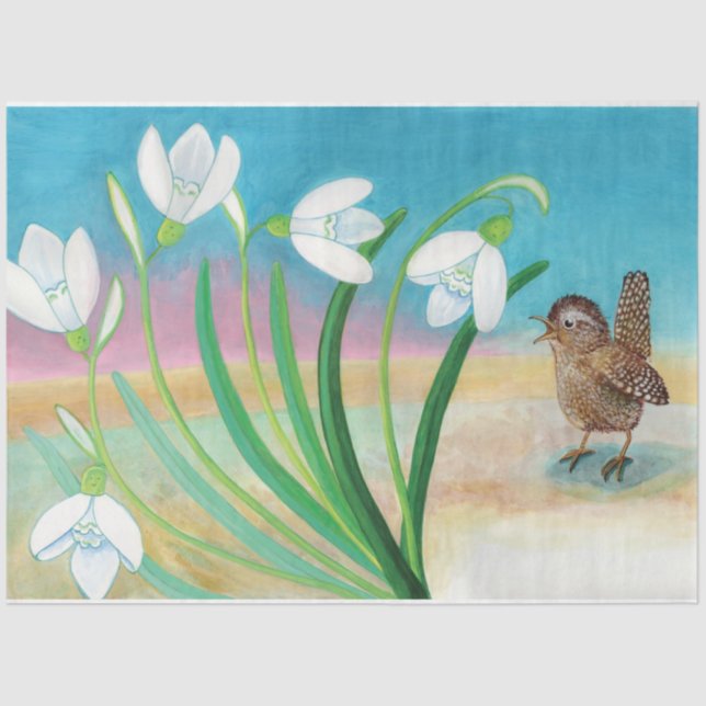 Heralds of spring - Wren bird and snowdrops  Tissue Paper (Front)