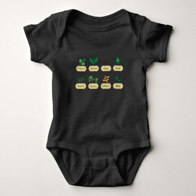 Herb Collector Oregano Basil Thyme Mint Ginger Baby Bodysuit (Front)