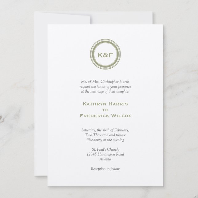 Herb green medallion initials wedding invitation (Front)