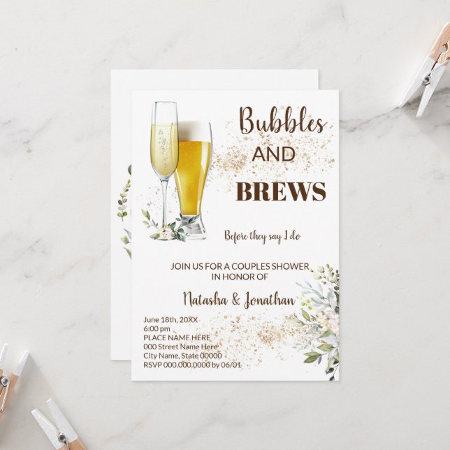 Herbal and Greenery Bubble & Brews Couples Shower Invitation (Front/Back In Situ)