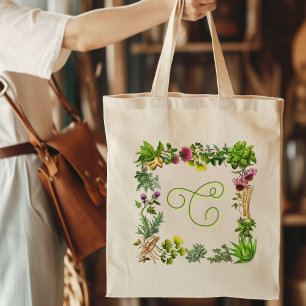Herbal Border Monogram Initial Tote Bag