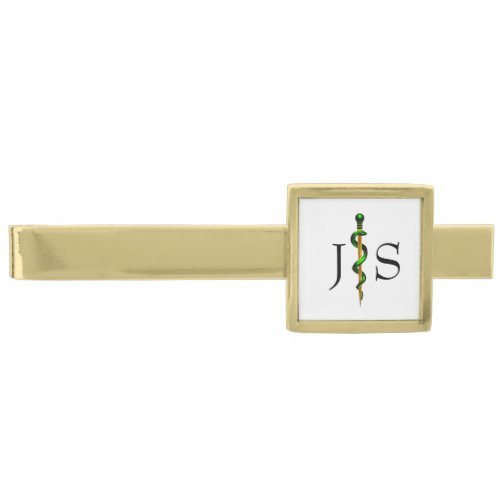 Herbal Green Gold Medical Rod of Asclepius Gold Finish Tie Bar