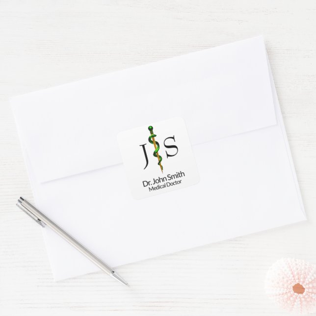 Herbal Green Gold Rod of Asclepius Medical Square Sticker (Envelope)