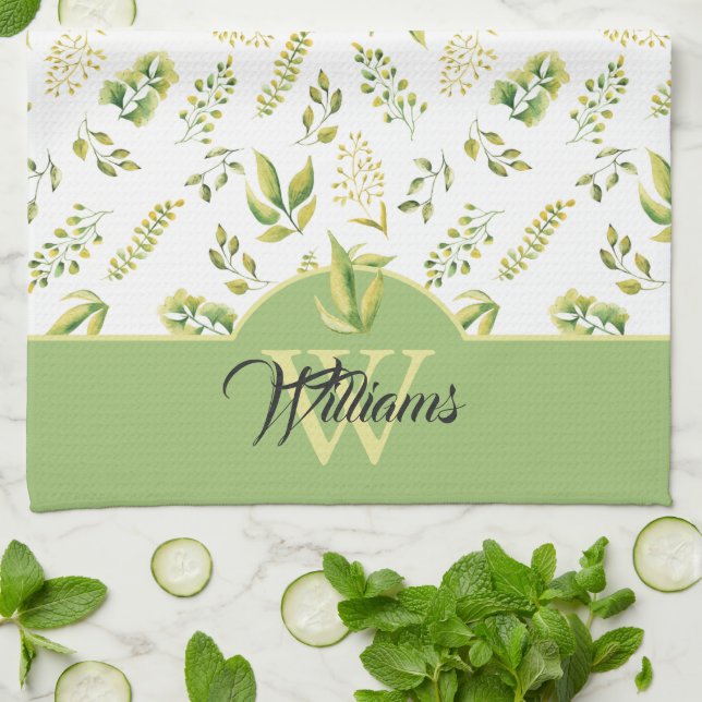 Herbal Green Greenery Pattern Monogram on White Kitchen Towel (Folded)